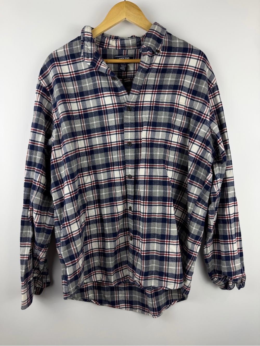 Lands’ End Grey Navy Plaid Flannel Shirt Traditional Fit 100% Cotton Sz L